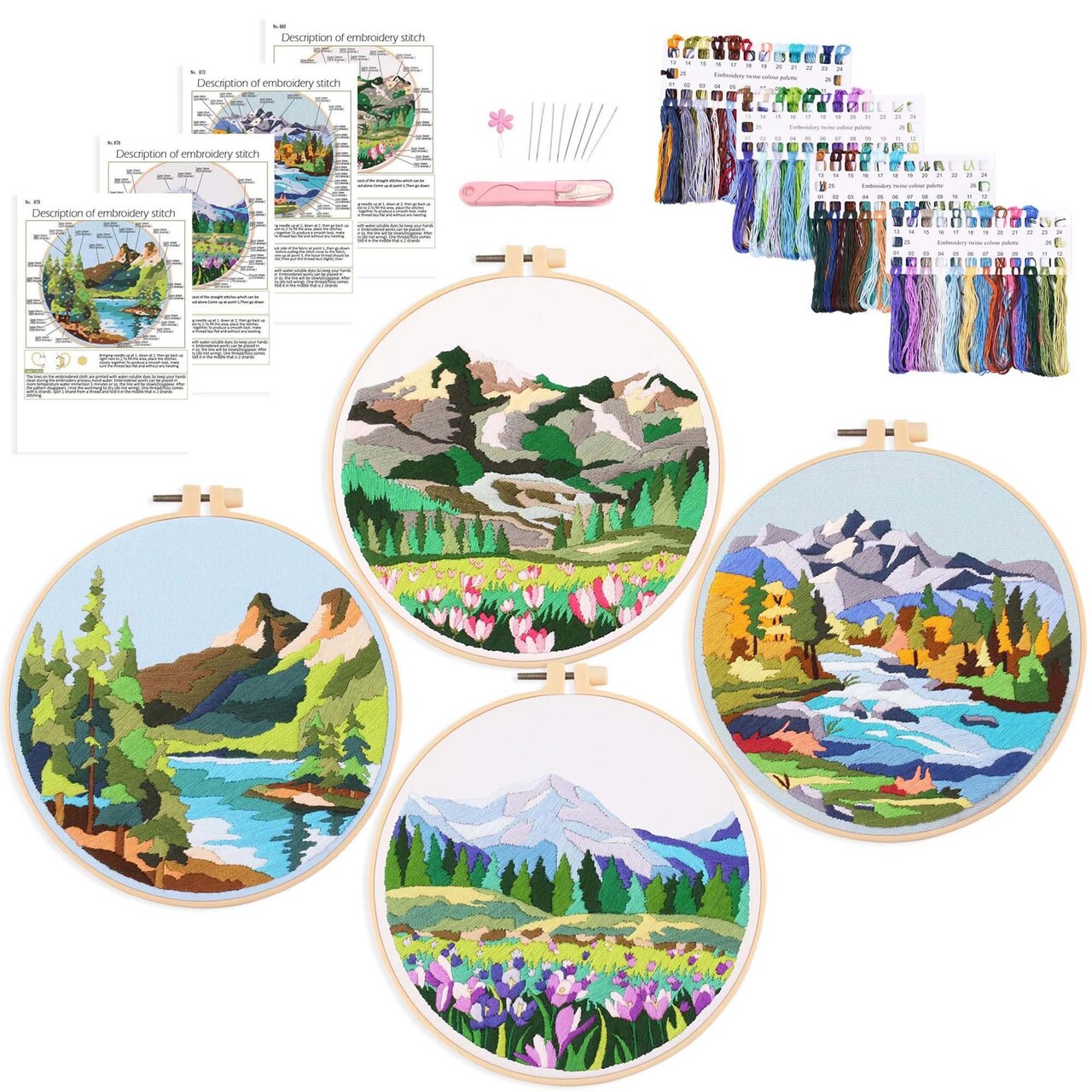 4P Beginner Embroidery Kit,Floral Plant Pattern,Cross Stitch Kits, Including Stamped Embroidery Cloth with 2 Embroidery Hoops, Color Threads and Embroidery Kits
